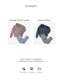 Two clothing items displayed side by side with color options 'Vintage Camel Tweed' and 'Urban Ink Blue'.