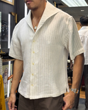 WH Bespoke VIP customer wearing his customised white striped shirt inspired by his favourite fashion icon Gary Cooper.