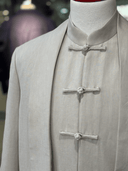 Large patch pockets on Solbiati open-front jacket   Relaxed tailored silhouette of modern Tang bespoke jacket