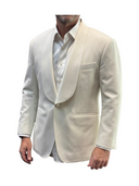Man wearing a modern classic bespoke cream white wool blend tuxedo jacket.