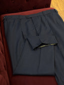 Extended waistband on midnight blue bespoke trousers