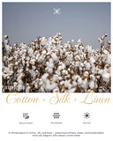 Cotton field with text 'made by Cotton + Silk + Linen' and icons below.