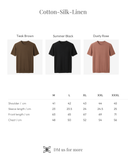 Three shirts in Teak Brown, Summer Black, and Dusty Rose with size chart.