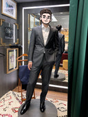 model wearing a grey suit in store located in kl near pavilion