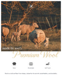 Sheep and lambs in a field with 'made by 100% Premium Wool' text.