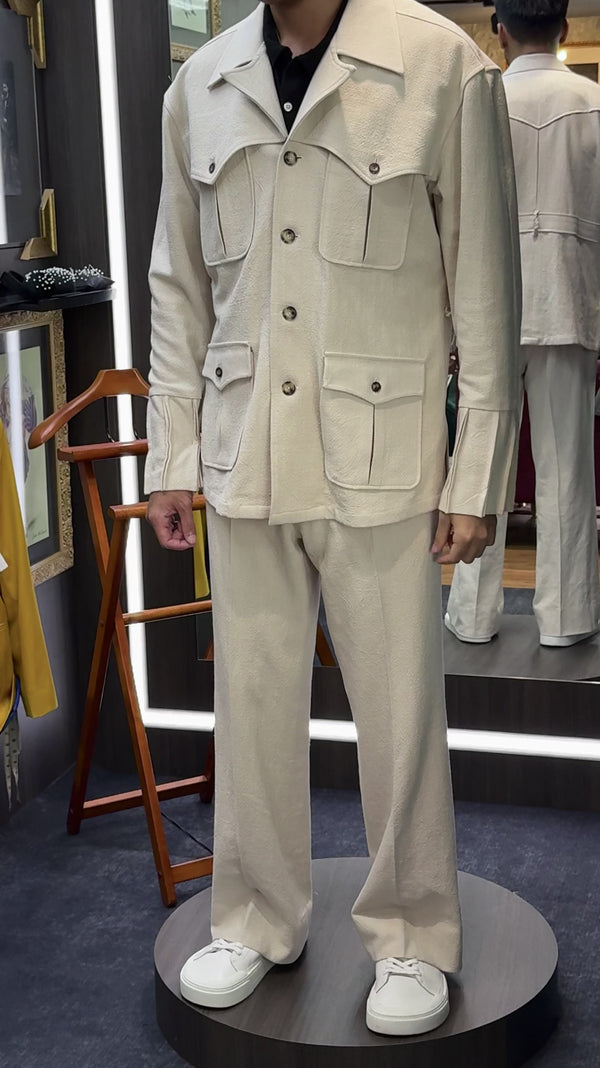Video of customer trying out WH Bespoke's safari outer wear.