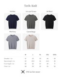 Collection of Tech-Knit shirts in various colors with size chart.