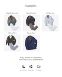 Collection of made-to-measure clothing options with color swatches.