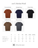 Merino wool t-shirt color options with size chart.